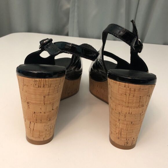 VANELi Sandals Womens 8M Black Patent Peep Toe Slingback Cork Wedge 3.5 inch - Picture 5 of 8